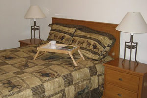 bed with two side tables, lamps, and breakfast tray on bed