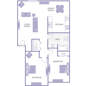 2 bed 1 bath floor plan, kitchen, living room, dining room, washer and dryer, 1 closet